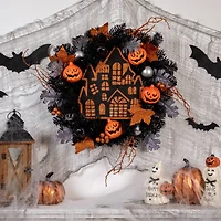 24'' Unlit Orange and Black Haunted House Halloween Wreath