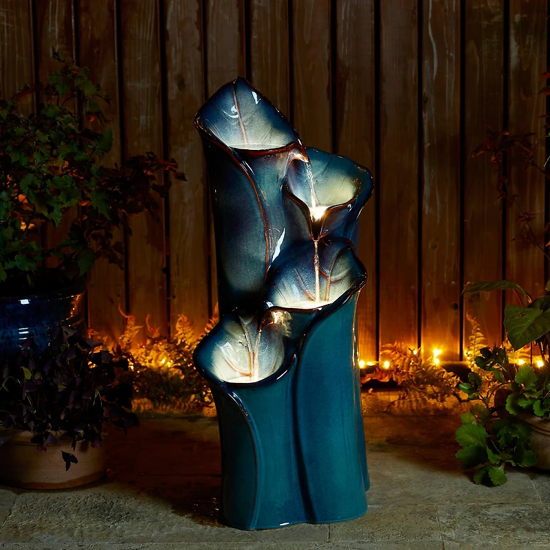 Glitzhome® 31.25" 4-Tier LED Lotus Leaf Textured Ceramic Vase Outdoor Floor Fountain