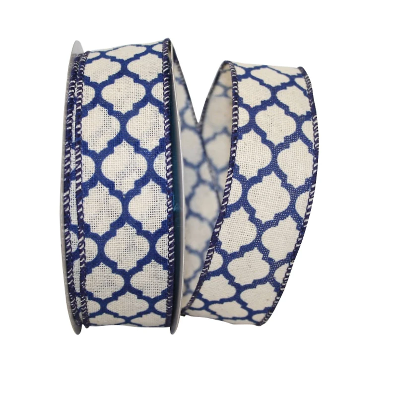 JAM Paper 1.5" x 20yd. Navy Trellis Hopsack Wired Ribbon
