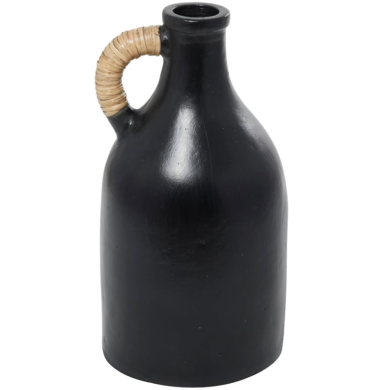 18" Black Ceramic Jug Inspired Vase with Rattan Wrapped Handle