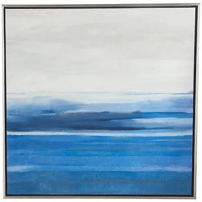 Blue Canvas Abstract Ocean Inspired Landscape Framed Wall Art with Silver Frame 37" x 1" x 37"