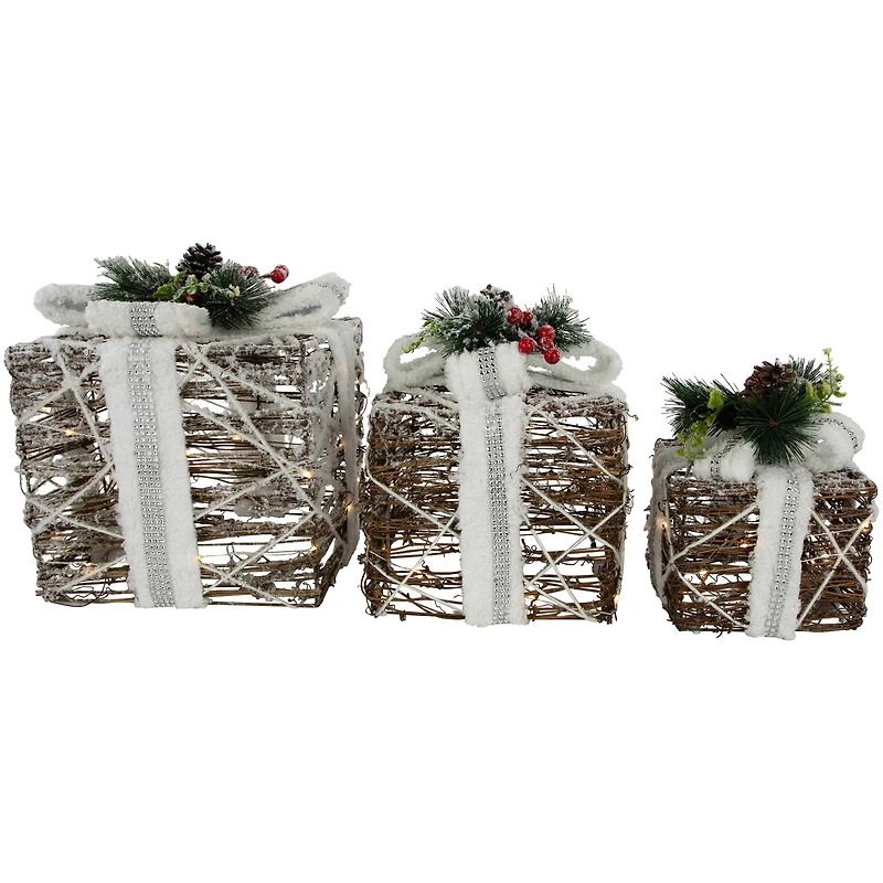 LED Gift Boxes with Pine & Berries Christmas Decoration Set