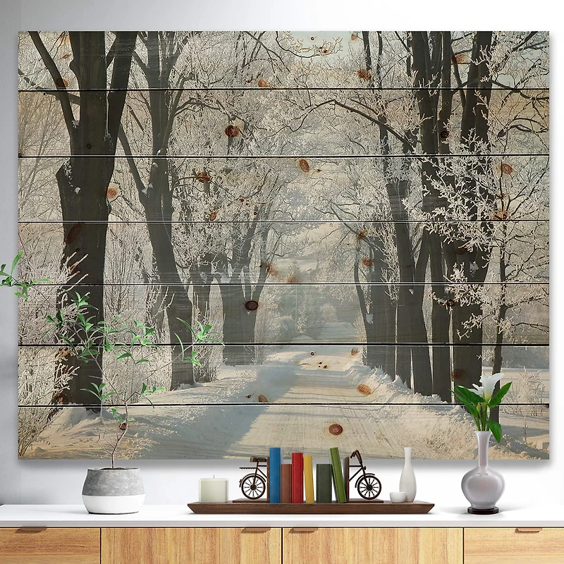 Designart - Country Road Between Foggy Trees - Forest Print on Natural Pine Wood