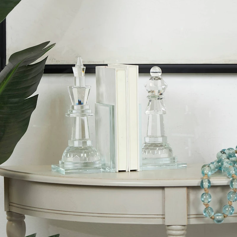 9.5" Clear Chess Oversized Bookends with Cut Crystal Designs Set