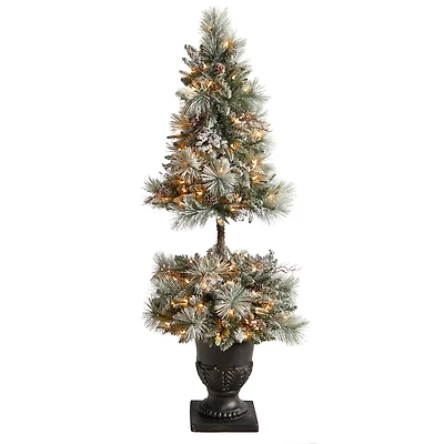 5ft. Pre-Lit Flocked Artificial Christmas Tree in Decorative Urn, White LED Lights