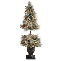 5ft. Pre-Lit Flocked Artificial Christmas Tree in Decorative Urn, White LED Lights
