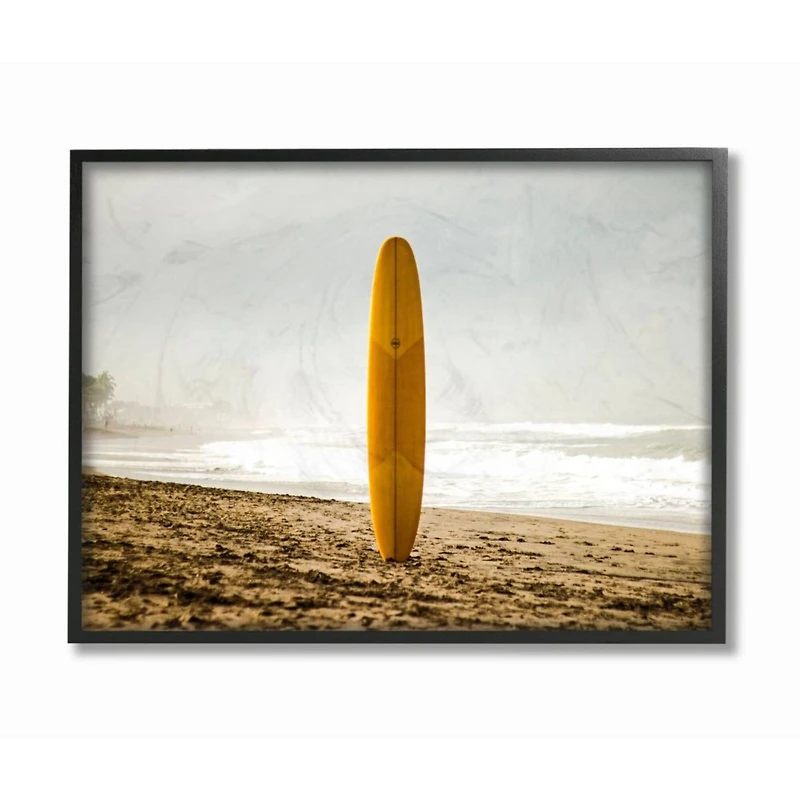 Stupell Industries Yellow Surfboard in Sand Framed Wall Art
