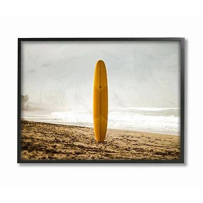 Stupell Industries Yellow Surfboard in Sand Framed Wall Art