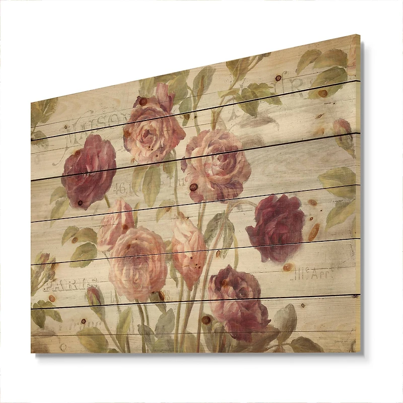 Designart - French Roses I - Farmhouse Print on Natural Pine Wood