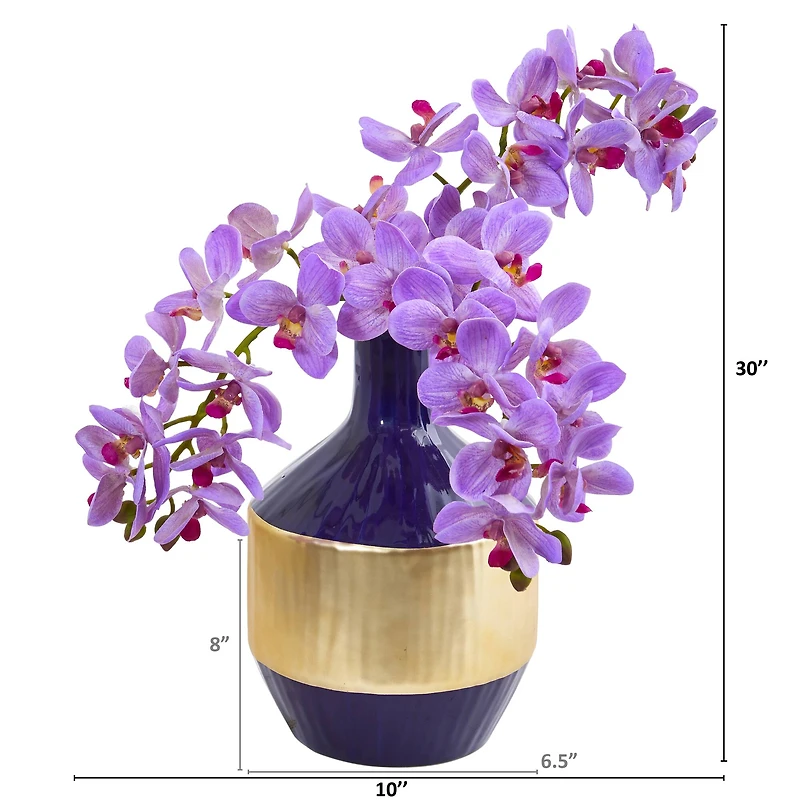 13" Moth Orchid Arrangement in Blue & Gold Vase
