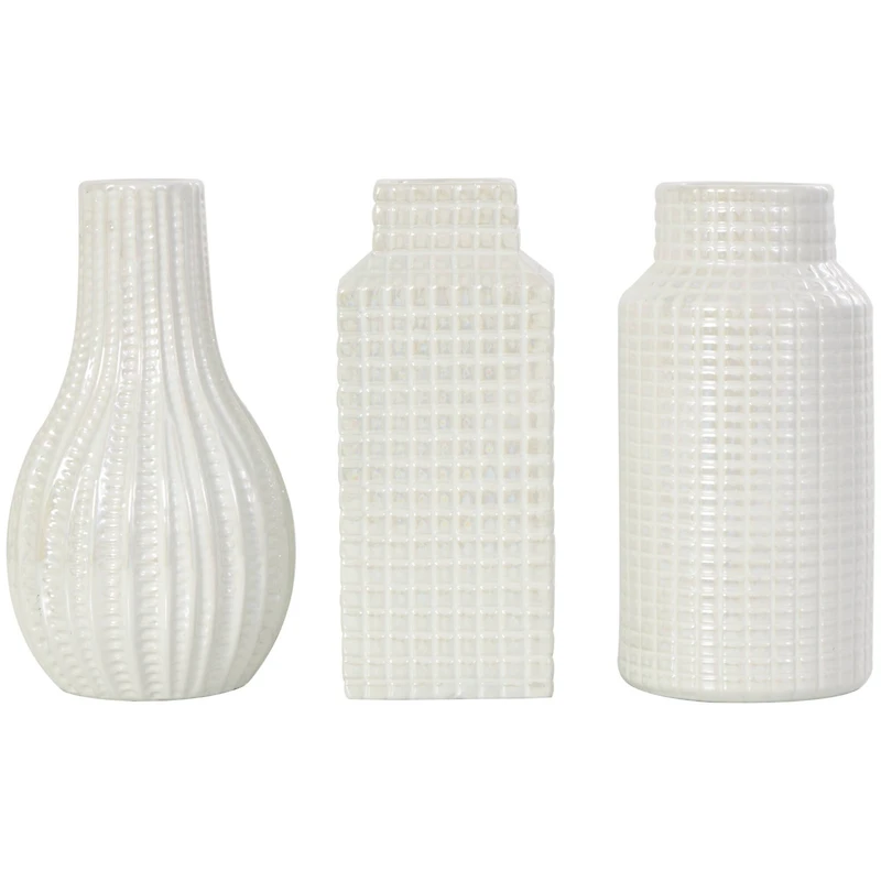 8" Cream Ceramic Geometric Textured Vase Set