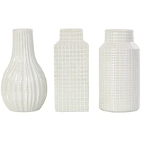8" Cream Ceramic Geometric Textured Vase Set