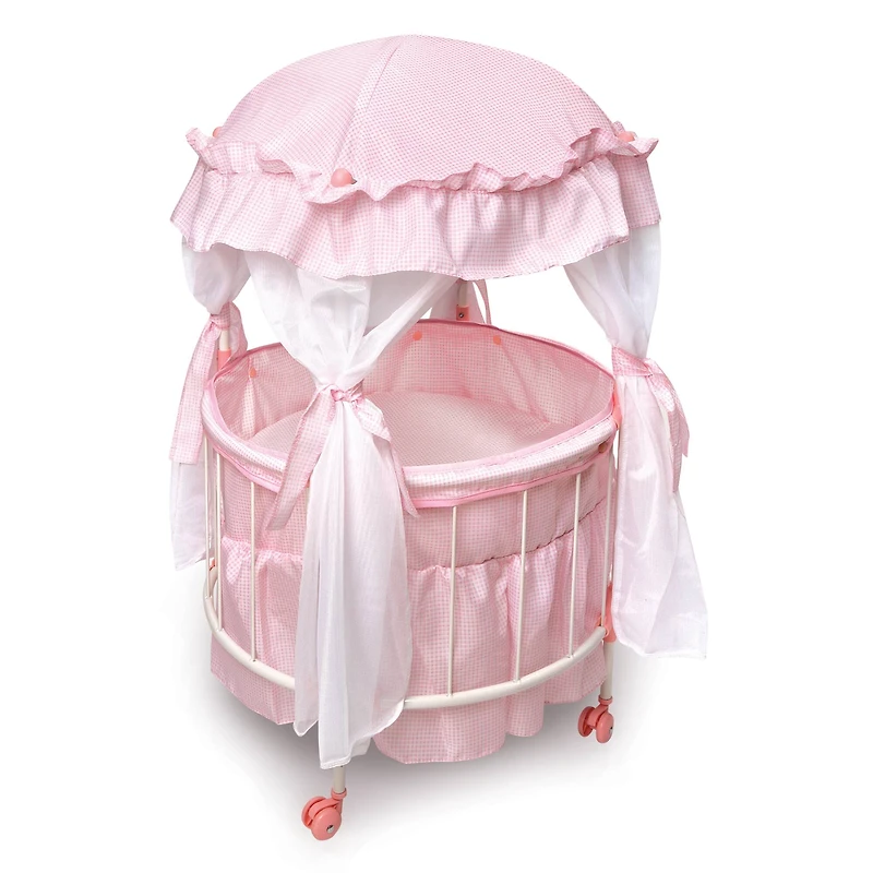 Badger Basket Pink & White Royal Pavilion Round Doll Crib with Canopy & Bedding