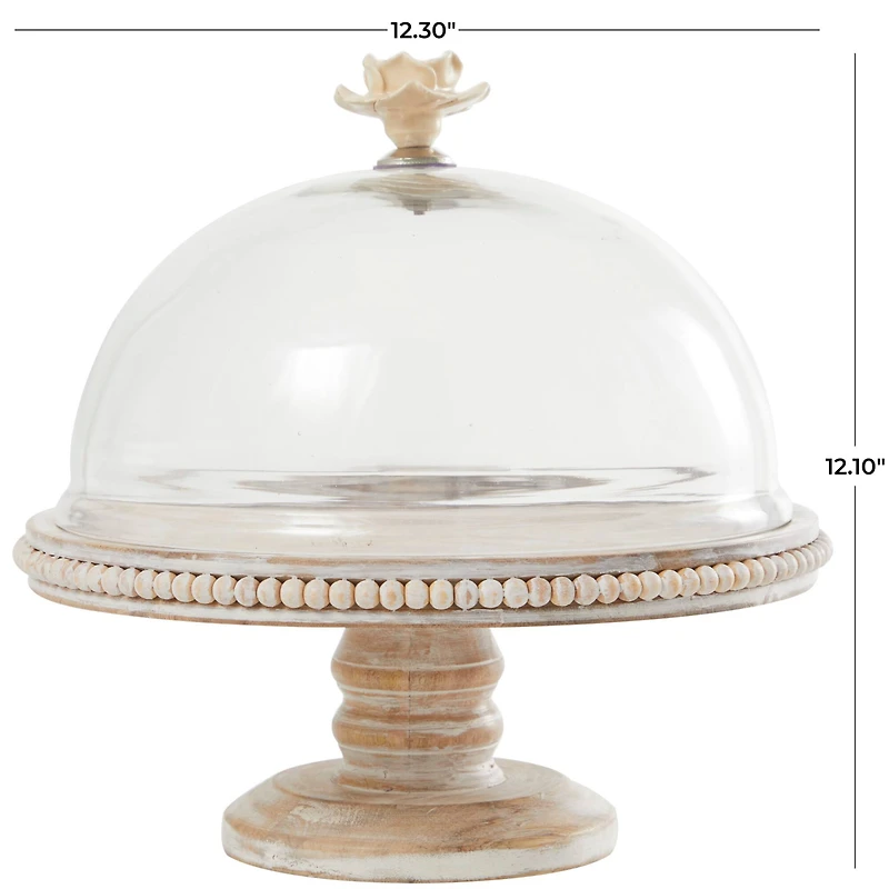 12.25" Cream Wood Cake Stand with Glass Dome Tabletop Décor