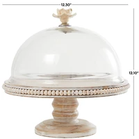 12.25" Cream Wood Cake Stand with Glass Dome Tabletop Décor