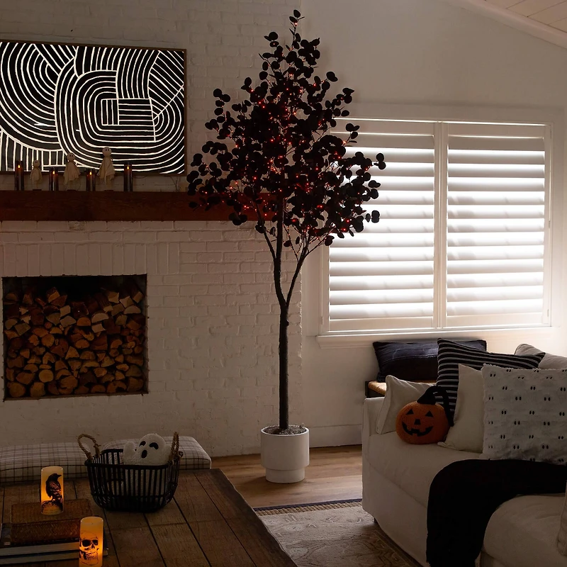 9ft. Pre-Lit Artificial Halloween Black Eucalyptus Tree with 700 Orange & Purple LED Lights