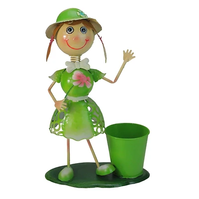 17" Lime Green Girl With Flower Spring Outdoor Planter