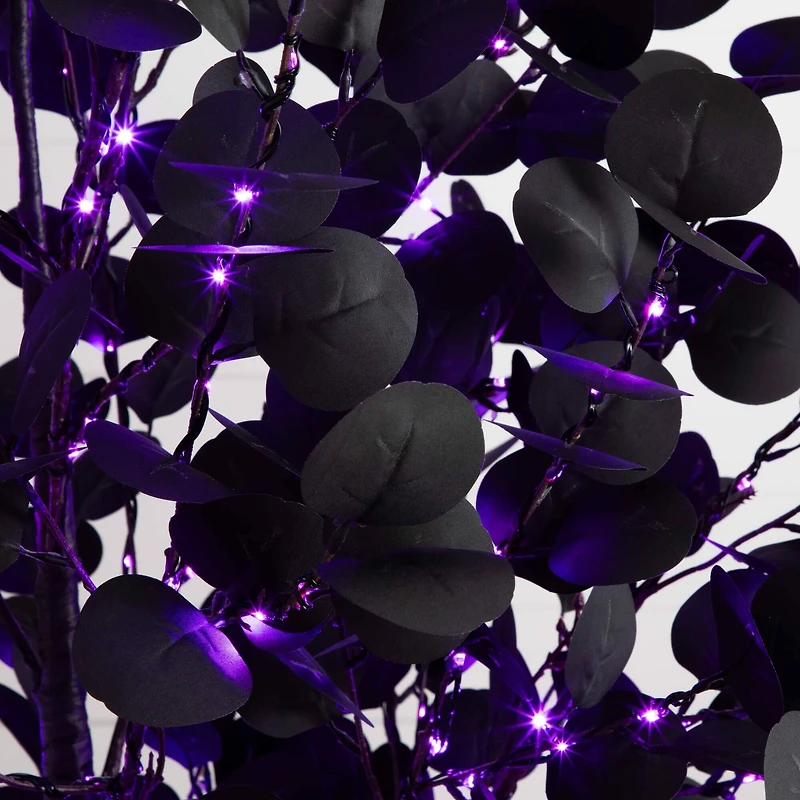 7ft. Pre-Lit Artificial Halloween Black Eucalyptus Tree with 420 Orange & Purple LED Lights