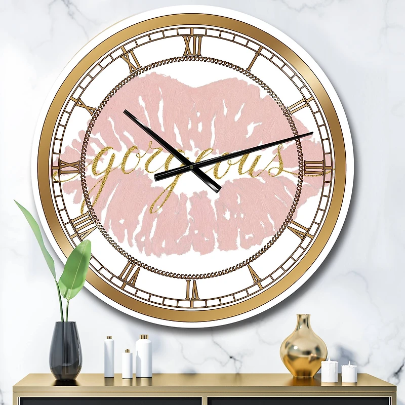 Designart 'Fashion Glam Lips On Gold Ii Glam Wall Clock