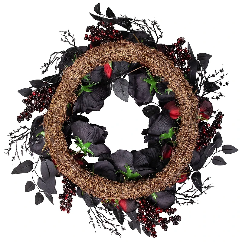24" Burgundy & Black Roses with Spiders Halloween Wreath