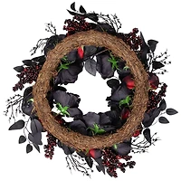 24" Burgundy & Black Roses with Spiders Halloween Wreath