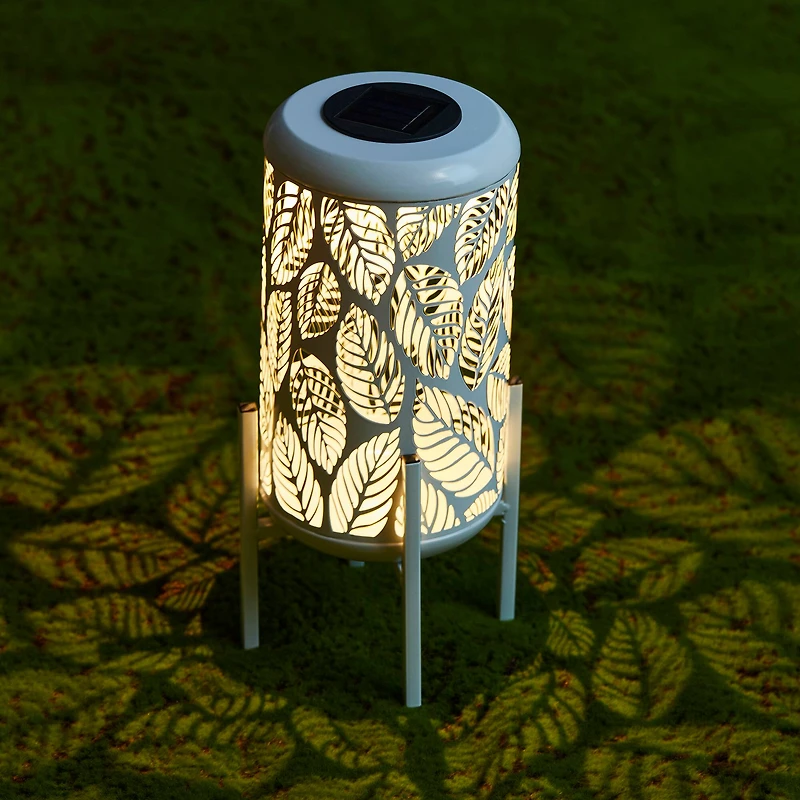 Glitzhome® 14.25" White Metal Cutout Leaves Pattern Solar Powered LED Outdoor Lantern
