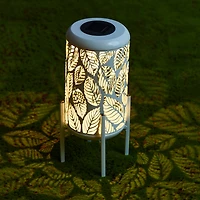 Glitzhome® 14.25" White Metal Cutout Leaves Pattern Solar Powered LED Outdoor Lantern