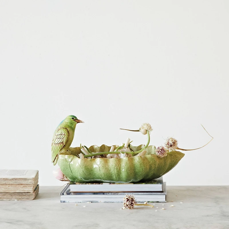 Hello Honey® 14.75" Green Leaf-Shaped Dish with Bird & Scalloped Edge