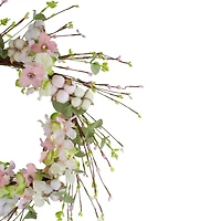 18'' Pink & Green Hydrangeas w/ Cotton Artificial Wreath