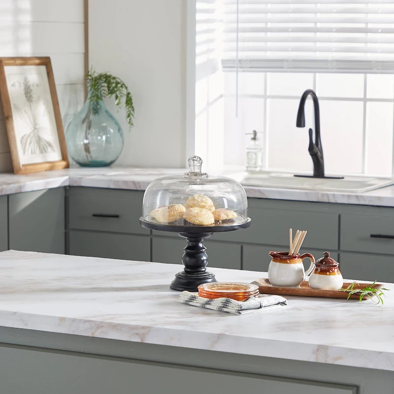 Black Wood and Glass Farmhouse Cake Stand with Cloche, 14" x 12" x 12"