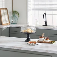 Black Wood and Glass Farmhouse Cake Stand with Cloche, 14" x 12" x 12"