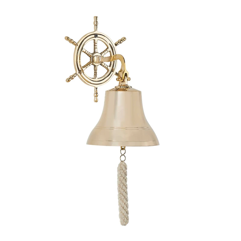Gold Brass Bell Wall Decor with Ship wheel Backing 7" x 9" x 6"