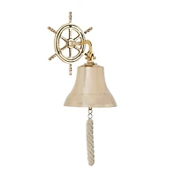 Gold Brass Bell Wall Decor with Ship wheel Backing 7" x 9" x 6"
