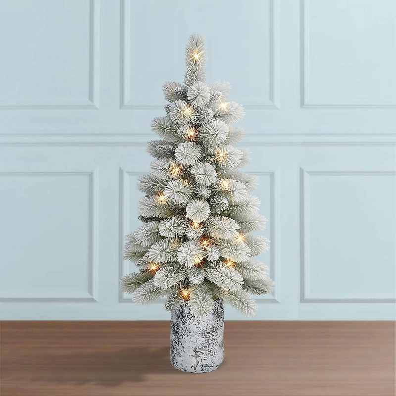 6 Pack: 3.5ft. Pre-Lit Potted Flocked Pine Artificial Christmas Tree, White LED Lights