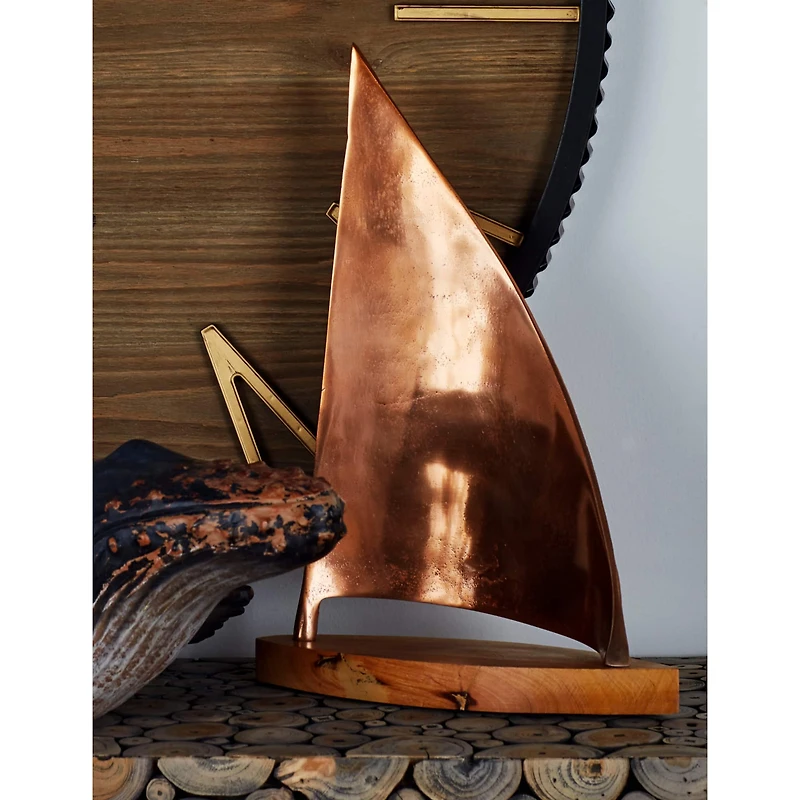 Brown Aluminum Coastal Sail Boat Sculpture, 13" x 18"