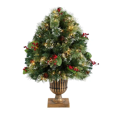 3ft. Pre-Lit Snow Tip Berries & Pinecones Artificial Christmas Plant in Urn, LED Lights