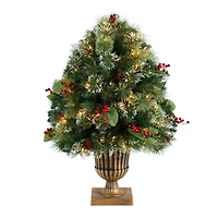 3ft. Pre-Lit Snow Tip Berries & Pinecones Artificial Christmas Plant in Urn, LED Lights