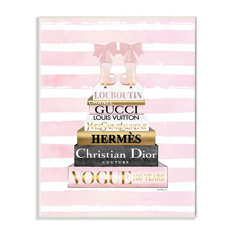 Stupell Industries Glam Fashion Heals with Bookstack and Pink Stripes Wood Wall Plaque