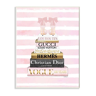 Stupell Industries Glam Fashion Heals with Bookstack and Pink Stripes Wood Wall Plaque