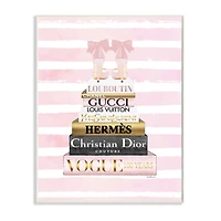 Stupell Industries Glam Fashion Heals with Bookstack and Pink Stripes Wood Wall Plaque