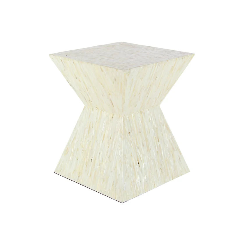 19" Beige Mussel Shells & Wood Contemporary Accent Table