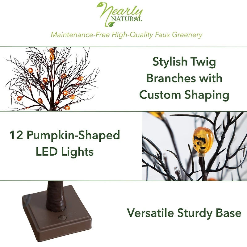 22in. Pre-Lit Artificial Halloween Brown Twig Tree with 12 Orange LED Pumpkin Shaped Lights