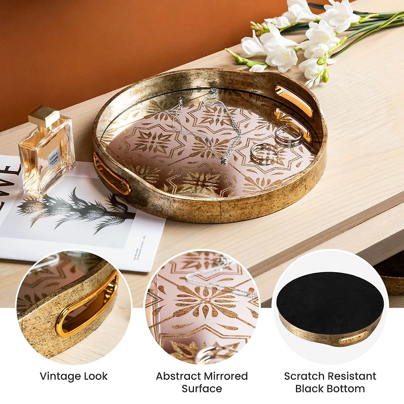 Glitzhome® Gold Round Abstract Mirrored Trays Set