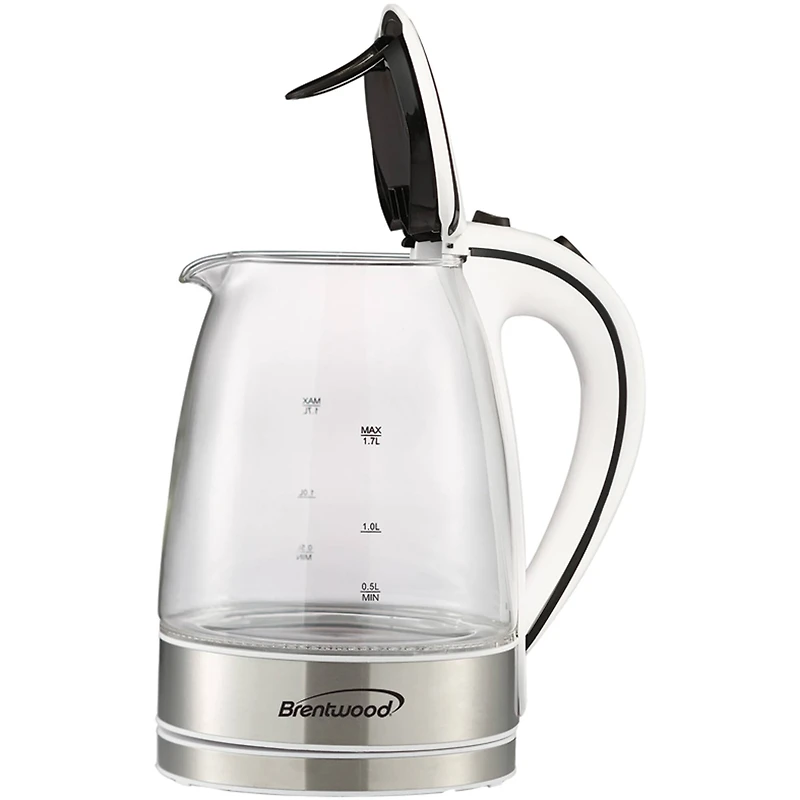 Brentwood 1.7L White Cordless Tempered Glass Electric Kettle