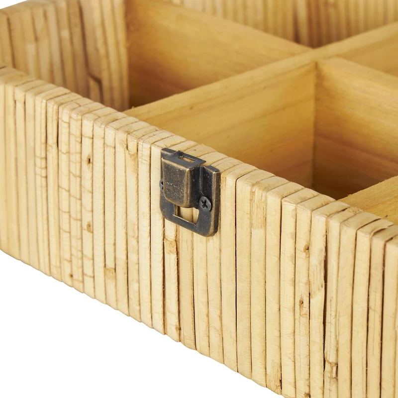 12" x 9" x 4" Brown Hand-Wrapped Rattan 6-Slot Jewelry Box with Tempered Glass Top