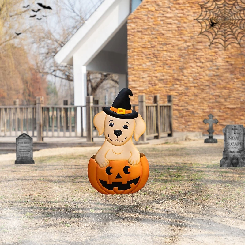 Glitzhome® 32"H Halloween Metal Labrador in Pumpkin Yard Stake