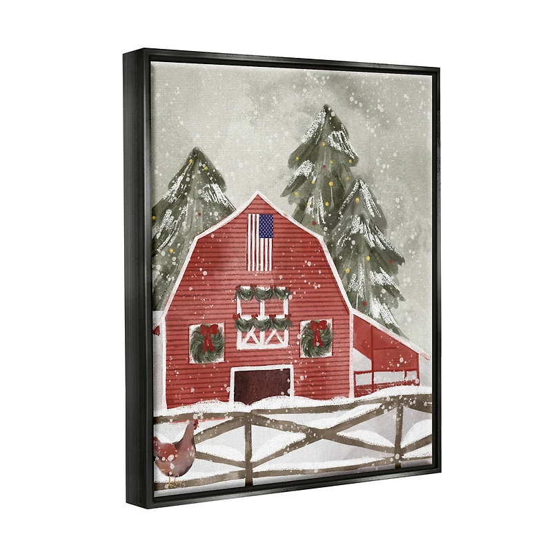 Stupell Industries Americana Barn Holiday Snow Scene Framed Floater Canvas Wall Art