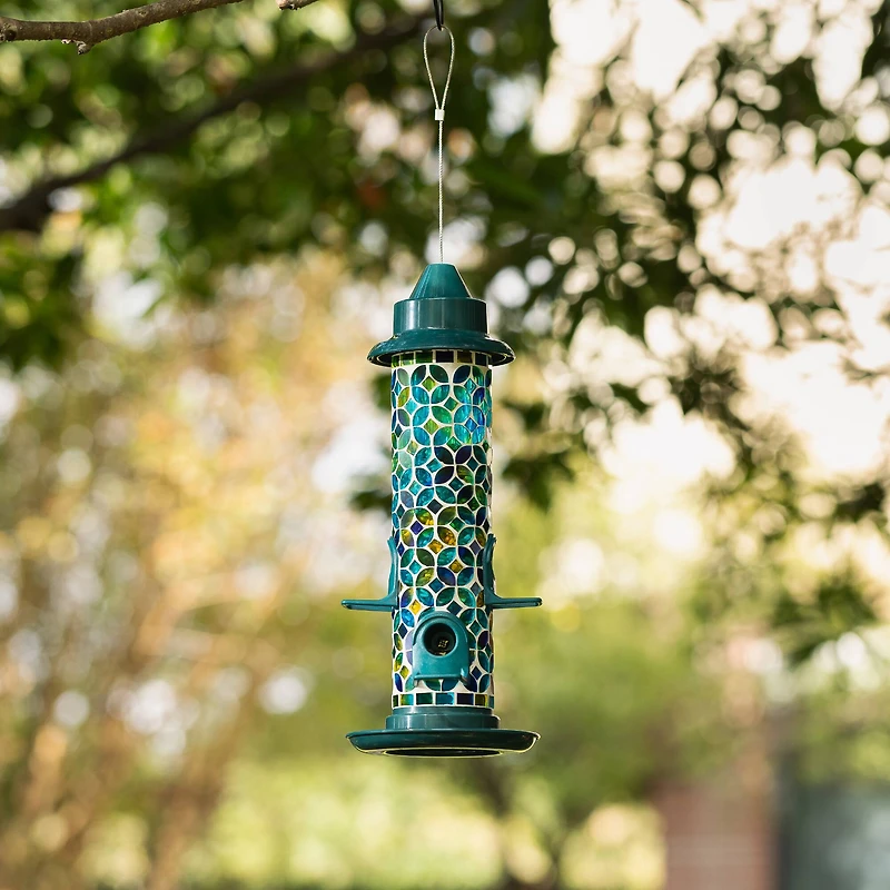 Glitzhome® 20" Tall Blue & Green Mosaic Glass Hanging Bird Feeder