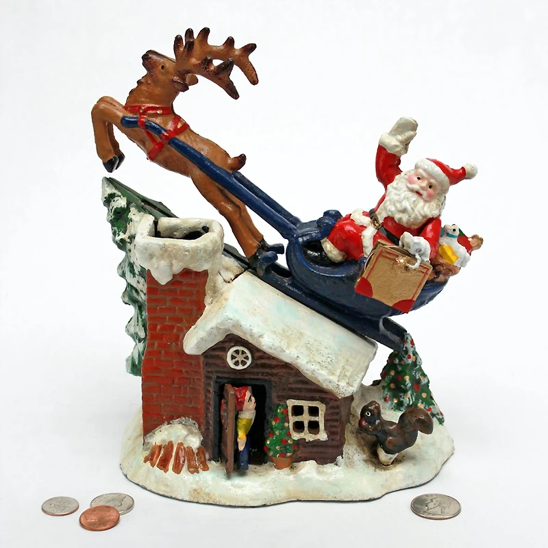 Design Toscano 9.5" Santa's Christmas Sleigh Ride Die-Cast Iron Mechanical Coin Bank