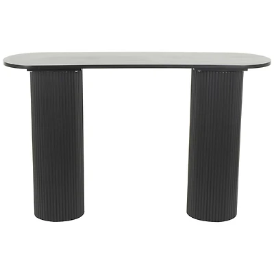 52" Black Wooden Geometric Oval Console Table with Ribbed Pillar Legs